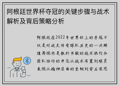 阿根廷世界杯夺冠的关键步骤与战术解析及背后策略分析